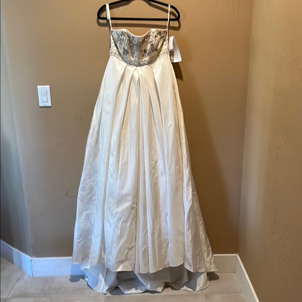 David's Bridal Cream and Silver Strapless Wedding Gown